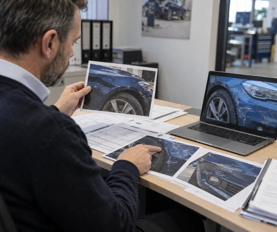 Claims handler reviewing accident photographs and supporting evidence