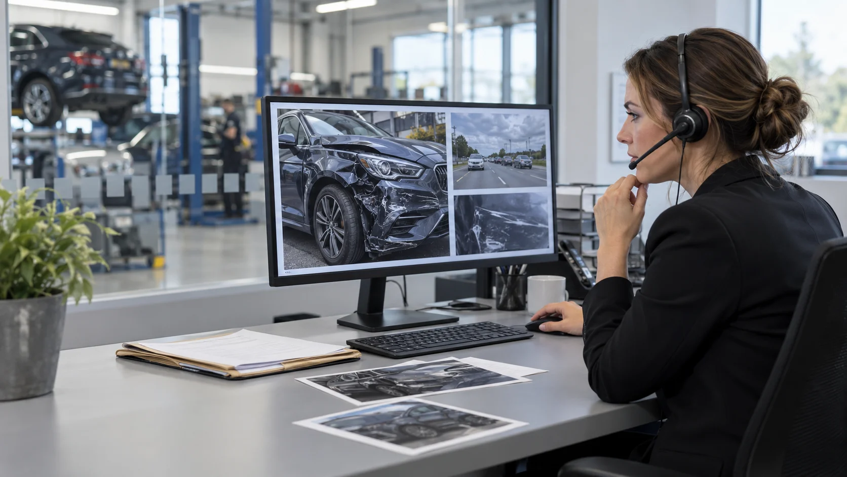 A claims handler reviewing accident evidence
