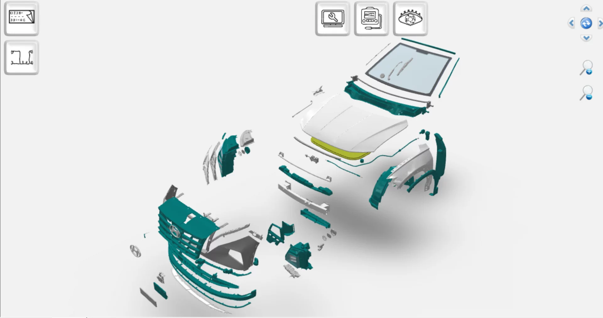 Screenshot of the Audatex digital interface showing an exploded 3D view of vehicle components for accurate accident damage assessment.