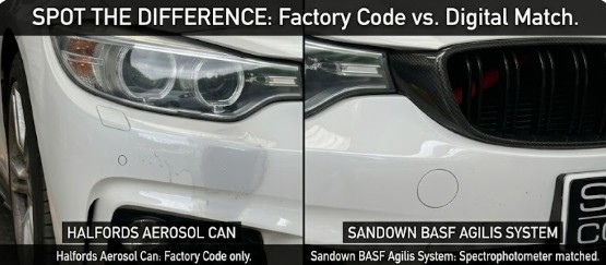 A spot-the-difference comparison of a white BMW bumper showing a mismatched, patchy DIY Halfords aerosol can repair next to a seamless, spectrophotometer-matched repair using the Sandown BASF Agilis system.
