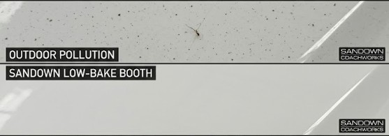A split-screen comparison showing a white car surface ruined by outdoor pollution and insects versus a flawlessly smooth, clean finish achieved in a Sandown low-bake booth.