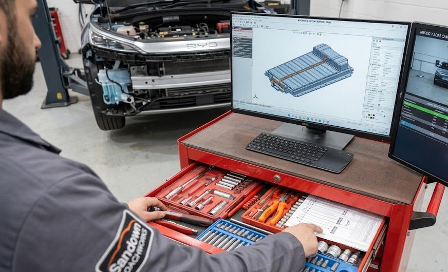 A Sandown Coachworks technician using two large desktop monitors displaying an Audatex 3D technical blueprint and digital images of a silver Suzuki Vitara for precise repair estimation.